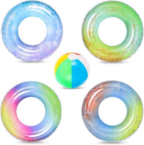 Bennol 4 PCS Swimming Rings with 1 Beach Ball Inflatable Pool Floats for Kids Adults 32.5'' Fruits Pool Floaties Rings Tube Toys for Summer Beach Water Float Party, Swimming Pool, Ocean, Beach Time in Saudi Arabia