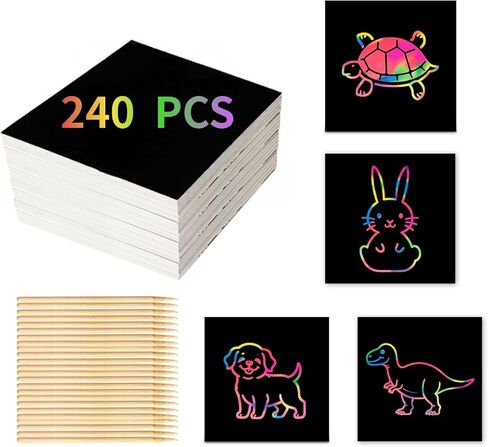 wiwbbitl Scratch Art for Kids - 240 Rainbow Scratch Paper Sheets & 26 Bamboo Stylus, Fun Classroom Arts and Crafts for Kids Ages 4-8,Creative Gift for School Birthday Travel Toy in Kuwait