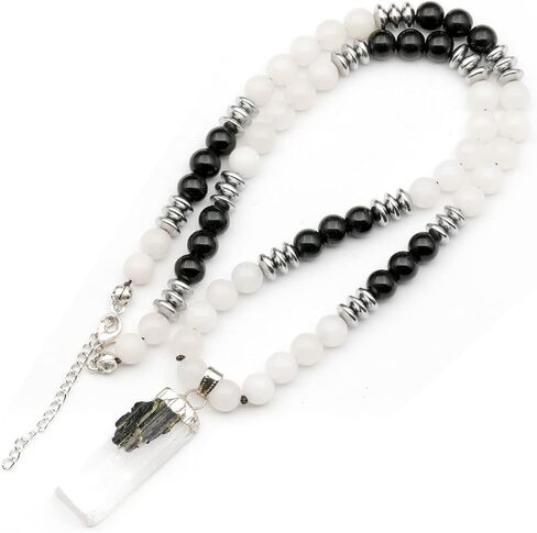 ElisaJewelryArt - Natural Raw Selenite With Tourmaline Crystal Beaded Necklace Genuine Selenite And Amethyst Gemstone Cleansing Stone Clasp Closure Necklace Unisex Necklace (22, Tourmaline) in Kuwait