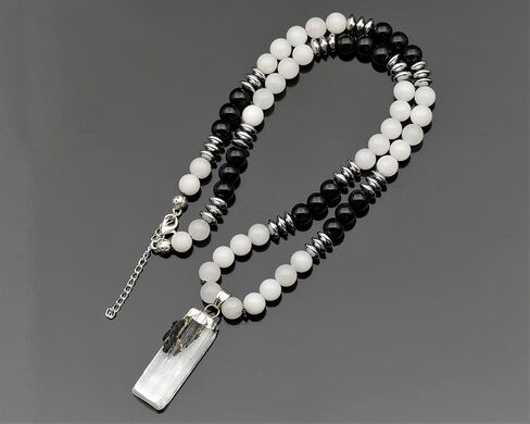 ElisaJewelryArt - Natural Raw Selenite With Tourmaline Crystal Beaded Necklace Genuine Selenite And Amethyst Gemstone Cleansing Stone Clasp Closure Necklace Unisex Necklace (22, Tourmaline) in Kuwait