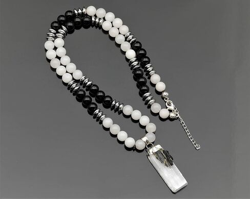 ElisaJewelryArt - Natural Raw Selenite With Tourmaline Crystal Beaded Necklace Genuine Selenite And Amethyst Gemstone Cleansing Stone Clasp Closure Necklace Unisex Necklace (22, Tourmaline) in Kuwait