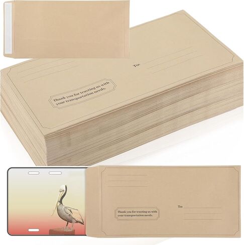 gisgfim 100 Pieces License Plate Envelopes with Self Seal Bulk 13 x 6-1/2 inch Brown Kraft Legal Size Pre-Printed Peel and Seal Mailing Envelopes for License Plate Business Documents in Kuwait