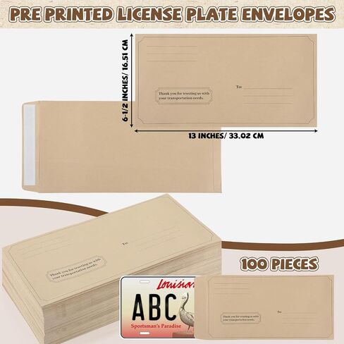 gisgfim 100 Pieces License Plate Envelopes with Self Seal Bulk 13 x 6-1/2 inch Brown Kraft Legal Size Pre-Printed Peel and Seal Mailing Envelopes for License Plate Business Documents in Kuwait