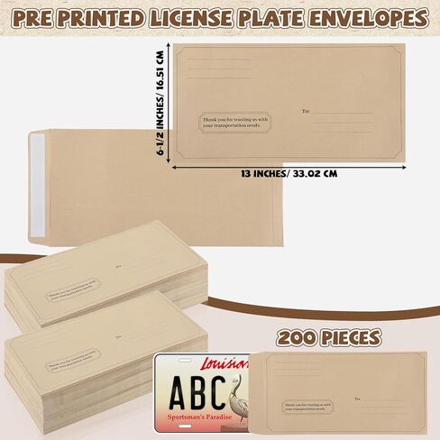 gisgfim 100 Pieces License Plate Envelopes with Self Seal Bulk 13 x 6-1/2 inch Brown Kraft Legal Size Pre-Printed Peel and Seal Mailing Envelopes for License Plate Business Documents in Kuwait