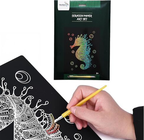 Neliblu Scratch Art Kit - 8.3x11.7-Inch Seahorse Scratch Pad - 10-Piece Educational Toy Scratchable Paper for Kids - Durable Scratch-Off Notebook Promoting Imagination and Artistic Creativity in Saudi Arabia