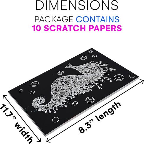 Neliblu Scratch Art Kit - 8.3x11.7-Inch Seahorse Scratch Pad - 10-Piece Educational Toy Scratchable Paper for Kids - Durable Scratch-Off Notebook Promoting Imagination and Artistic Creativity in Saudi Arabia
