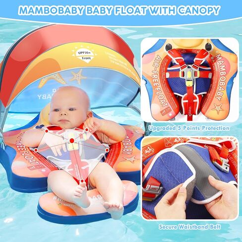 Mambobaby Baby Pool Float with Canopy, Non-Inflatable Infant Baby Swim Float Trainer with Safe Seat & Tail Support for Toddler, Mambo Baby Float Solid UPF 50+ Sun Protection in Saudi Arabia