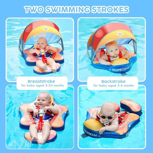 Mambobaby Baby Pool Float with Canopy, Non-Inflatable Infant Baby Swim Float Trainer with Safe Seat & Tail Support for Toddler, Mambo Baby Float Solid UPF 50+ Sun Protection in Saudi Arabia