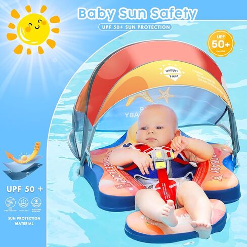 Mambobaby Baby Pool Float with Canopy, Non-Inflatable Infant Baby Swim Float Trainer with Safe Seat & Tail Support for Toddler, Mambo Baby Float Solid UPF 50+ Sun Protection in Saudi Arabia