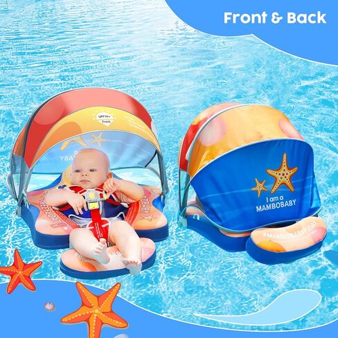 Mambobaby Baby Pool Float with Canopy, Non-Inflatable Infant Baby Swim Float Trainer with Safe Seat & Tail Support for Toddler, Mambo Baby Float Solid UPF 50+ Sun Protection in Saudi Arabia