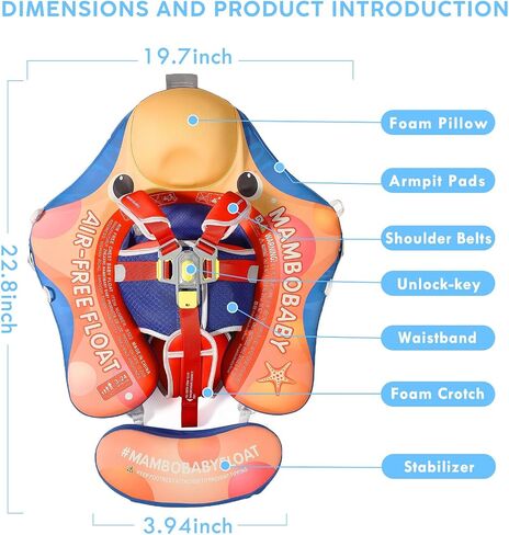 Mambobaby Baby Pool Float with Canopy, Non-Inflatable Infant Baby Swim Float Trainer with Safe Seat & Tail Support for Toddler, Mambo Baby Float Solid UPF 50+ Sun Protection in Saudi Arabia