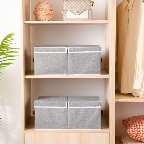Storage Boxes with Lids, Foldable Blanket Basket, Linen Closet 0rganizers with Double Handles, Collapsible Cubes for Organizing, Grey, 3-Pack, 13 x 9.1 x 5.5 inch in Kuwait