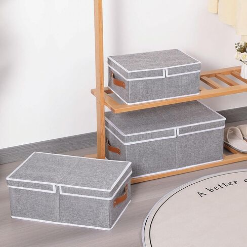 Storage Boxes with Lids, Foldable Blanket Basket, Linen Closet 0rganizers with Double Handles, Collapsible Cubes for Organizing, Grey, 3-Pack, 13 x 9.1 x 5.5 inch in Kuwait