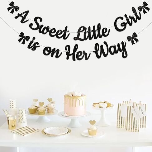 A Sweet Little Girl is on Her Way Banner - Pink Bow Baby Shower Decorations, Coquette Baby Shower Bunting Banner, Sweet Baby Girl Baby Shower Decorations Rose Gold Glitter in Saudi Arabia