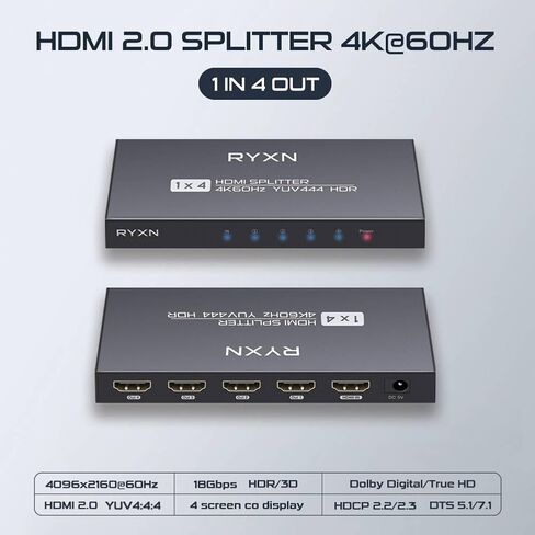 موزع HDMI 2.0 1 في 2 خارج 4K 60 هرتز، يدعم تجاوز HDCP، Dolby Atmos، YUV 4:4:4، HDCP 2.3، EDID، LPCM 7.1، متوافق مع PS5/4/3، Xbox، Roku، Apple TV، Fire Stick، Blu -مشغل الأشعة، بطاقة الالتقاط in Kuwait