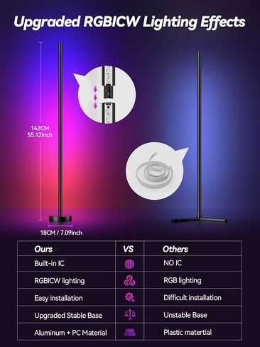 مصباح أرضية الزاوية ، مصباح زاوية LED مع التطبيق والتحكم عن بعد ، RGBICW 16 مليون ألوان DIY و 68+ مشهد ، مزامنة الموسيقى ، تغيير اللون الأذكياء الأذكياء لغرف المعيشة وغرف النوم وغرف الألعاب in Kuwait