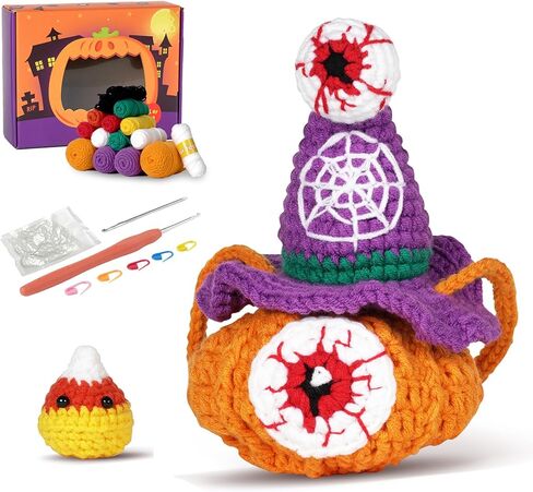 Finnacy Crochet Halloween Pumpkin Bag Kit for Beginners, 1 Pumpkin Bag Design, Learn to Crochet Set with Step-by-Step Video Tutorials Instructions, Yarn, Crochet Hook (Black) in Saudi Arabia