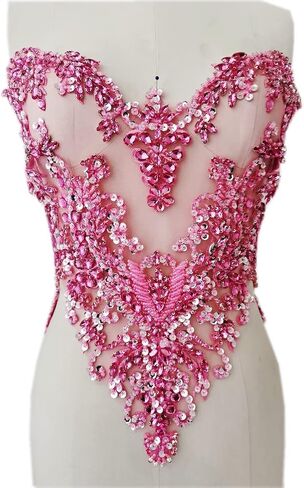Handmade Rhinestones lace Applique handsewing Beads Sequins Trimming Patches for Dress Clothing Accessories More Colour (Red) in Saudi Arabia
