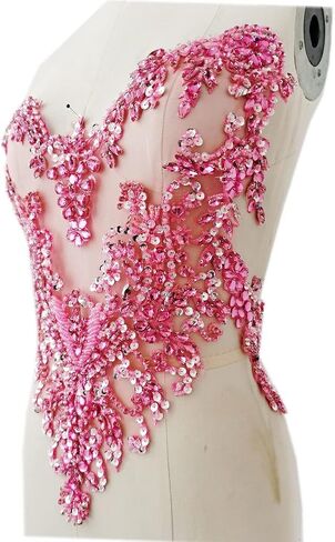 Handmade Rhinestones lace Applique handsewing Beads Sequins Trimming Patches for Dress Clothing Accessories More Colour (Red) in Saudi Arabia