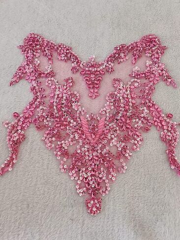Handmade Rhinestones lace Applique handsewing Beads Sequins Trimming Patches for Dress Clothing Accessories More Colour (Red) in Saudi Arabia