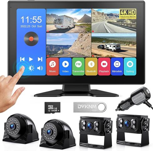 4K RV Backup Camera System 10.36" Quad Split Touchscreen Monitor 4 1080P HD Rear View Cameras DVR Recording Bluetooth Music USB Video Play IP69 Waterproof Night Vision for Trailer RV Truck etc in Saudi Arabia