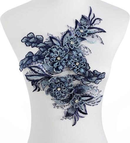 3D Embroidered Flower Fabric Beaded Rhinestones Pearl Lace Applique, DIY Patches Accessory for Wedding Dresses，Neckline Bodice Pants(Navy Blue) in Saudi Arabia