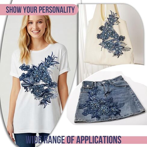 3D Embroidered Flower Fabric Beaded Rhinestones Pearl Lace Applique, DIY Patches Accessory for Wedding Dresses，Neckline Bodice Pants(Navy Blue) in Saudi Arabia