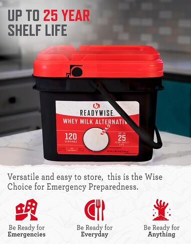 READYWISE - Whey Milk Alternative Bucket, 120 Servings, Emergency, MRE Meal & Drink Supply, Premade, Freeze Dried Survival Drink for Hiking, Adventure and Camping Essentials, Individually Packaged, 25 Year Shelf Life in Saudi Arabia