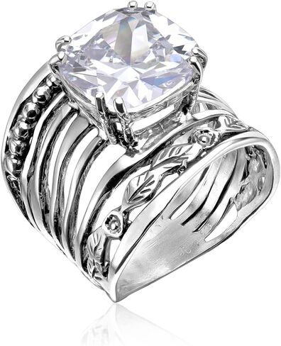 JEAN RACHEL JEWELRY 925 Sterling Silver Ring with 12mm Cushion Shaped Cubic Zirconia Vintage Design - Hypoallergenic, Lead & Nickel Free - Artisan Handcrafted Statement Rings for Women in Kuwait