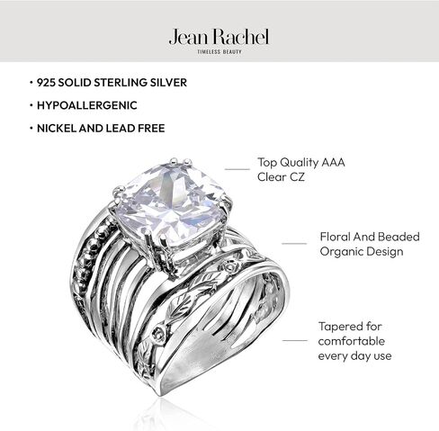 JEAN RACHEL JEWELRY 925 Sterling Silver Ring with 12mm Cushion Shaped Cubic Zirconia Vintage Design - Hypoallergenic, Lead & Nickel Free - Artisan Handcrafted Statement Rings for Women in Kuwait