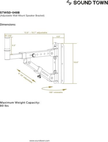 Sound Town 2-Pack Adjustable Wall Mount Speaker Brackets with 180-degree Swivel, 28-Degree Tilt Adjustment, Speaker Connectors (STWSD-50R-PAIR) in Kuwait