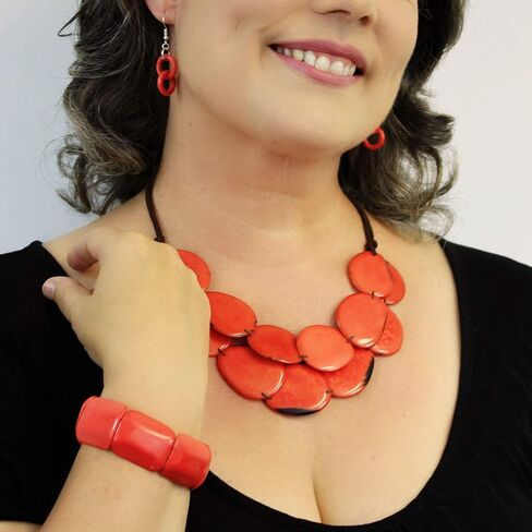 Blue and Green Chunky Necklace and Earring Set made of Tagua, Double Strand Beaded Natural Jewelry for Women in Saudi Arabia