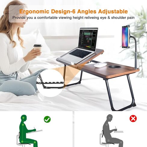 مكتب كمبيوتر محمول في السرير، طاولة مكتب من الخيزران قابلة للتعديل مع حامل كمبيوتر لوحي معقوفة للكمبيوتر المحمول والكمبيوتر اللوحي والهاتف وقراءة الكتب in Kuwait