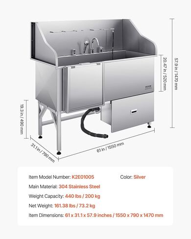 محطة غسل الكلاب الفولاذ المقاوم للصدأ فيفور ، احترافية من الفولاذ المقاوم للصدأ 50 بوصة الحوض الأليفة مع منحدر ، صنبور ورأس دش وحوض استحمام الكلاب للحيوانات الأليفة الكبيرة والمتوسطة والصغيرة (الباب الأيمن) in Kuwait