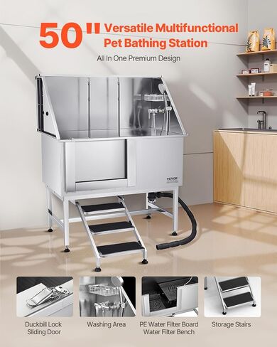 VEVOR Stainless Steel Dog Washing Station, Professional 50 inch Pet Grooming Tub w/Stairs, PE Water Filter Board, Faucet & Showerhead & Soap Holder Bathtub for Large & Medium & Small Pets (Left Door) in Kuwait