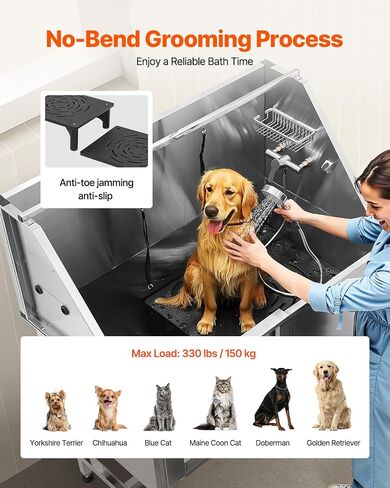 VEVOR Stainless Steel Dog Washing Station, Professional 50 inch Pet Grooming Tub w/Stairs, PE Water Filter Board, Faucet & Showerhead & Soap Holder Bathtub for Large & Medium & Small Pets (Left Door) in Kuwait