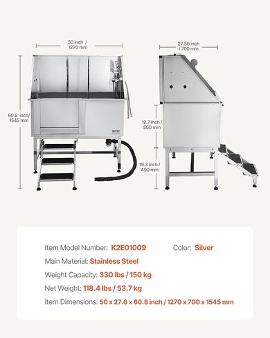 VEVOR Stainless Steel Dog Washing Station, Professional 50 inch Pet Grooming Tub w/Stairs, PE Water Filter Board, Faucet & Showerhead & Soap Holder Bathtub for Large & Medium & Small Pets (Left Door) in Kuwait