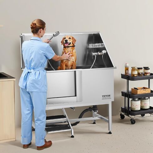 VEVOR Stainless Steel Dog Washing Station, Professional 50 inch Pet Grooming Tub w/Stairs, PE Water Filter Board, Faucet & Showerhead & Soap Holder Bathtub for Large & Medium & Small Pets (Left Door) in Kuwait