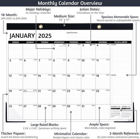 2025-2026 Desk Calendar – Jul 2025 – Dec 2026, 18 Monthly Desk Calendar 2025-2026, Large Desk Calendar, 22'' x 17'', 2025 Desk/Wall Calendar with Desk Pad, To-do Lists, Ruled Blocks, Corner Protectors in Saudi Arabia