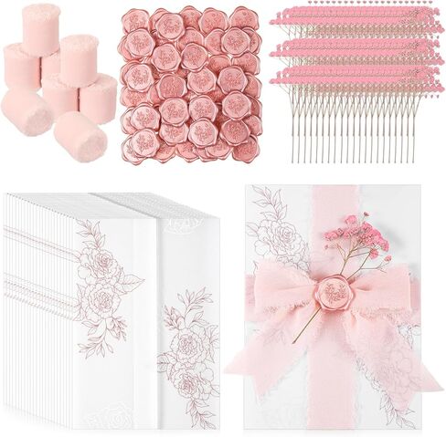 Fullhawl 50 Sets Wedding Invitations Wraps Set Rose Gold Foil Pre Folded Vellum Jackets for 5 x 7 Invitations Pink Dried Flowers Wax Seal Stickers Chiffon Silk Ribbon for Craft DIY in Kuwait