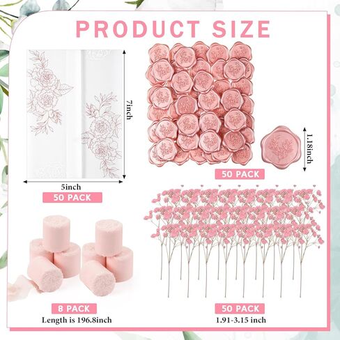 Fullhawl 50 Sets Wedding Invitations Wraps Set Rose Gold Foil Pre Folded Vellum Jackets for 5 x 7 Invitations Pink Dried Flowers Wax Seal Stickers Chiffon Silk Ribbon for Craft DIY in Kuwait