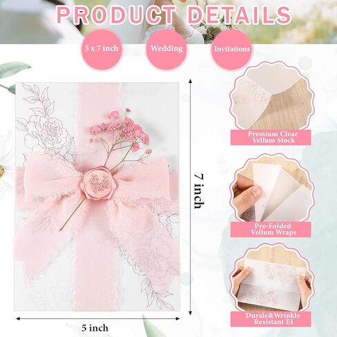 Fullhawl 50 Sets Wedding Invitations Wraps Set Rose Gold Foil Pre Folded Vellum Jackets for 5 x 7 Invitations Pink Dried Flowers Wax Seal Stickers Chiffon Silk Ribbon for Craft DIY in Kuwait