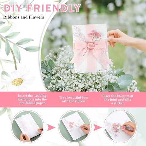 Fullhawl 50 Sets Wedding Invitations Wraps Set Rose Gold Foil Pre Folded Vellum Jackets for 5 x 7 Invitations Pink Dried Flowers Wax Seal Stickers Chiffon Silk Ribbon for Craft DIY in Kuwait