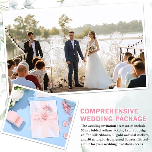 Fullhawl 50 Sets Wedding Invitations Wraps Set Rose Gold Foil Pre Folded Vellum Jackets for 5 x 7 Invitations Pink Dried Flowers Wax Seal Stickers Chiffon Silk Ribbon for Craft DIY in Kuwait