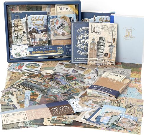 Auguro World Travel Scrapbook Kit A6 Grid Notebook Stationery Junk Journal Kit Scrapbooking Supplies Kit Craft DIY Gift for Adult Teen Girl in Kuwait