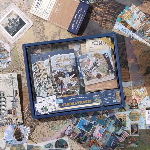 Auguro World Travel Scrapbook Kit A6 Grid Notebook Stationery Junk Journal Kit Scrapbooking Supplies Kit Craft DIY Gift for Adult Teen Girl in Kuwait