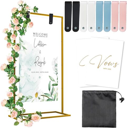 موقف علامة ترحيب زفاف ، 57x31x15 Stand Stand for Sign with Leather Straps و Flower Vine و Fow Card و Welcome to Wedding Sign Stand Holder و Heavy Duty Floor Stand For Wedding Birthday Party in Saudi Arabia