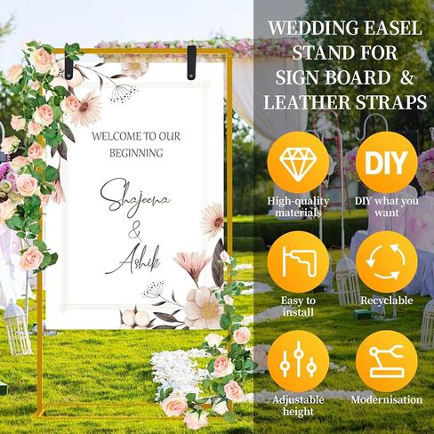 موقف علامة ترحيب زفاف ، 57x31x15 Stand Stand for Sign with Leather Straps و Flower Vine و Fow Card و Welcome to Wedding Sign Stand Holder و Heavy Duty Floor Stand For Wedding Birthday Party in Saudi Arabia