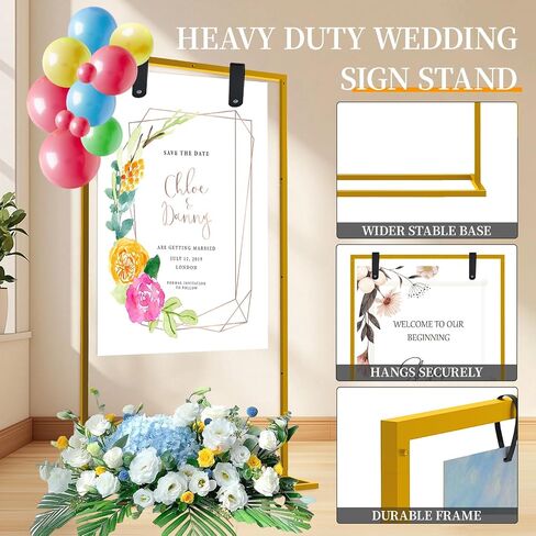 موقف علامة ترحيب زفاف ، 57x31x15 Stand Stand for Sign with Leather Straps و Flower Vine و Fow Card و Welcome to Wedding Sign Stand Holder و Heavy Duty Floor Stand For Wedding Birthday Party in Saudi Arabia