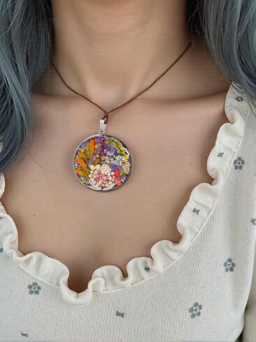 Nature's Multi Colour Dry Pressed Real Flower Round Handmade Pendant Necklace in Saudi Arabia